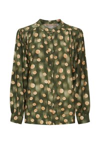 Grøn bluse med store beige prikker, knaplukning foran, plisserede skuldre og lange ærmer med manchetter. Blødt stof.