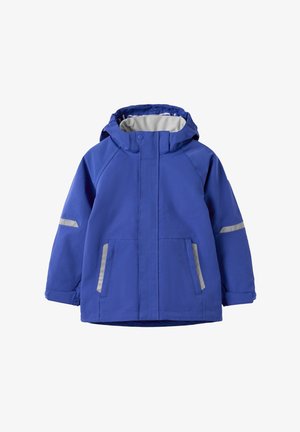 Blue children's waterproof jacket with hood, front pockets, and reflective strips on sleeves and pockets, shown on a white background.