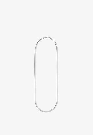 Ezüst fém nyaklánc sima, megnyúlt kialakítással. Állítható lánccal és végig lapos, polírozott felülettel rendelkezik.