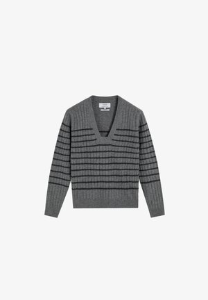 Gray V-neck sweater with ribbed texture. Features horizontal stripes in darker gray. Long sleeves and a straight hem. Soft knit material.