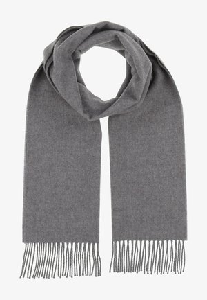 Sciarpa di lana grigia con una texture morbida, rifinita con frange lunghe e uniformi a entrambe le estremità e un sottile emblema del marchio su un lato.