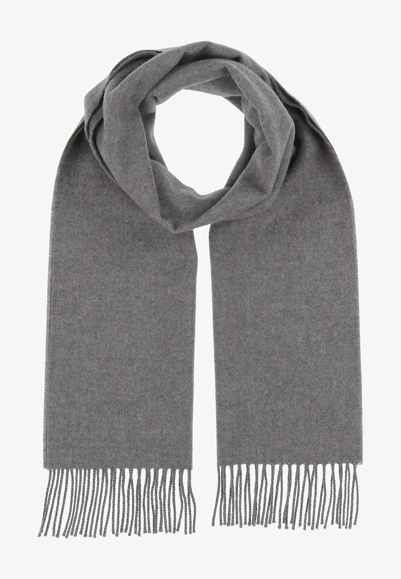 Écharpe en laine grise avec une texture douce, ornée de franges longues et régulières à chaque extrémité et d'un subtil emblème de la marque sur un côté.