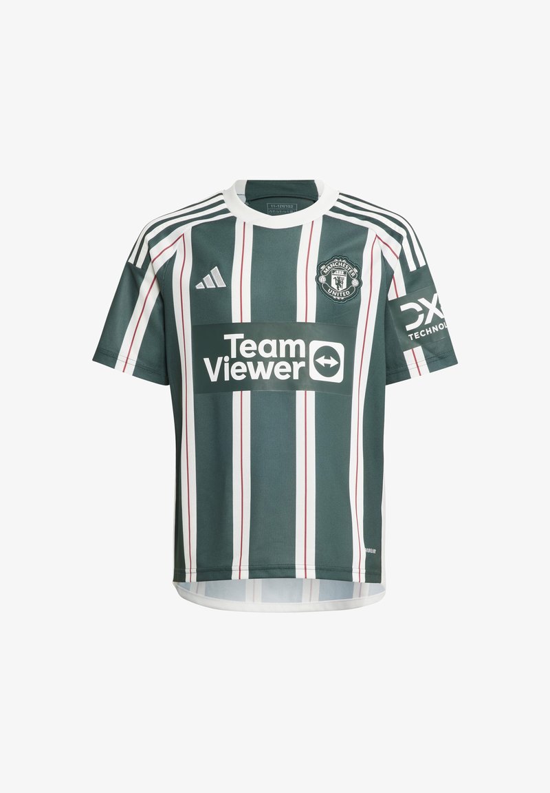 Maillot de football rayé vert et blanc avec des accents rouges, arborant le logo Team Viewer et l'emblème de Manchester United, fabriqué à partir de matériau respirant.