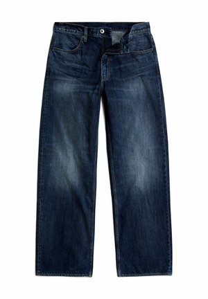 Dark blue denim jeans with a straight leg fit, featuring front pockets, a button closure, and subtle fading along the thighs.