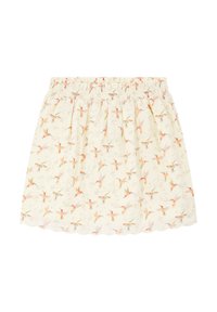 Falda de estampado floral con cinturilla elástica, confeccionada en una suave tela color crema claro y adornada con delicadas ilustraciones de colibríes en tonos rosa y verde.
