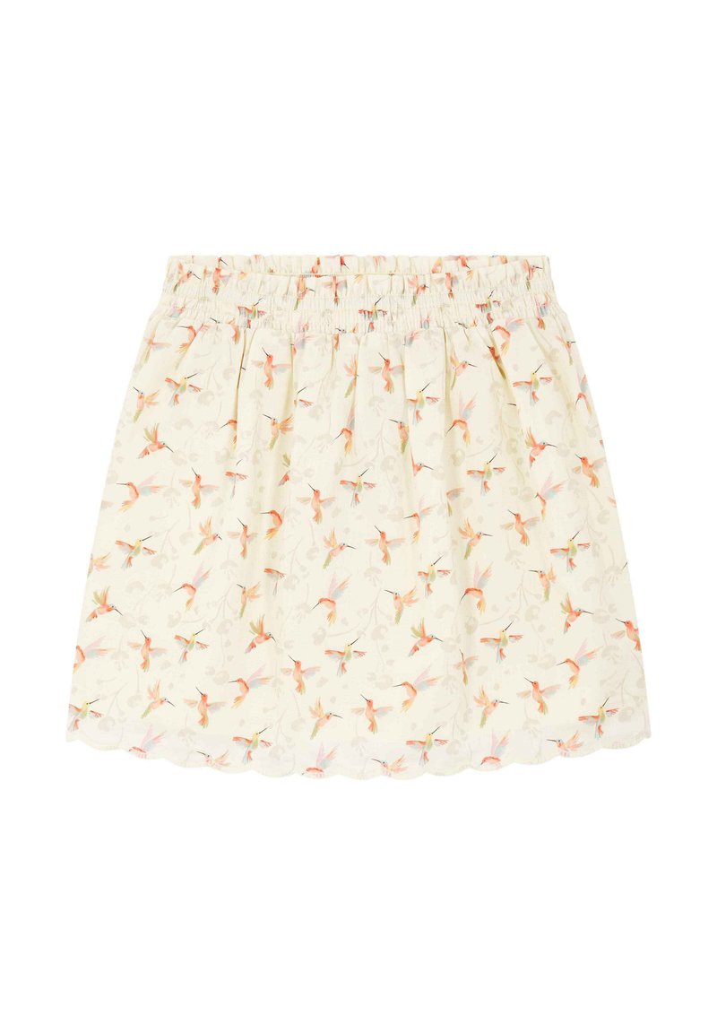 Falda de estampado floral con cinturilla elástica, confeccionada en una suave tela color crema claro y adornada con delicadas ilustraciones de colibríes en tonos rosa y verde.