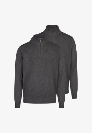 Zwei dunkelgraue Strickpullover mit Viertel-Reißverschluss und gerippten Bündchen sowie Saum, auf weißem Hintergrund dargestellt.