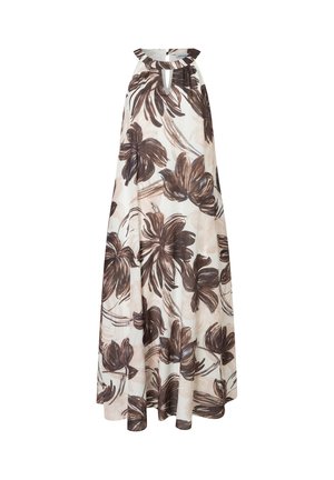 Robe longue beige sans manches avec imprimé floral marron et détail d'encolure en forme de trou de serrure.