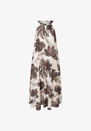Robe longue beige sans manches avec imprimé floral marron et détail d'encolure en forme de trou de serrure.
