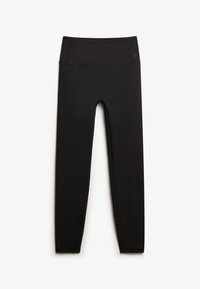 Czarne legginsy o wysokim stanie, pełnej długości, z płaskimi szwami i małym logo na pasie, położone na białym tle.