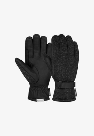 Schwarze Handschuhe mit einer Lederfläche und einem strukturierten Stoffrücken, elastischem Handgelenk mit Riemen, kontrastierenden Nähten und einem Logo-Patch am Bund.