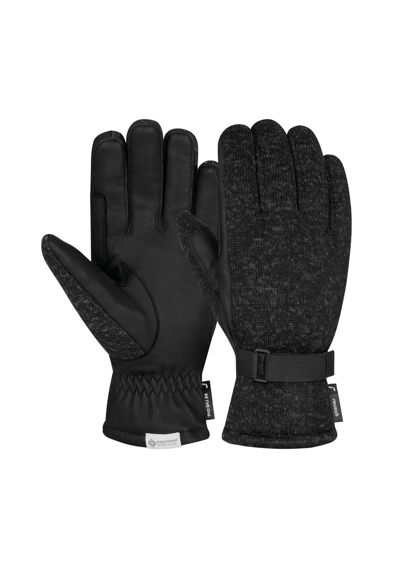 Schwarze Handschuhe mit einer Lederfläche und einem strukturierten Stoffrücken, elastischem Handgelenk mit Riemen, kontrastierenden Nähten und einem Logo-Patch am Bund.