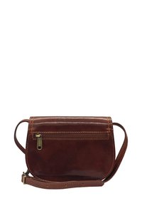 Sac bandoulière en cuir marron avec une poche zippée, texture lisse, forme arrondie et bandoulière ajustable. Présente des accents de couture.