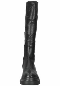 Botas altas de cuero negro con un patrón acolchado, punta redonda, suela plana y cierre de cremallera lateral. Textura suave y diseño elegante.