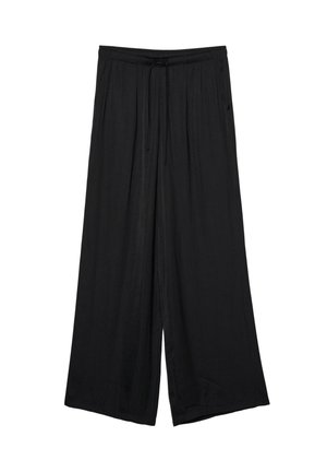 Black wide-leg trousers made of lightweight fabric, featuring an elastic waist and drawstring tie. Smooth texture, no visible patterns or accents.