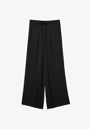 Black wide-leg trousers made of lightweight fabric, featuring an elastic waist and drawstring tie. Smooth texture, no visible patterns or accents.