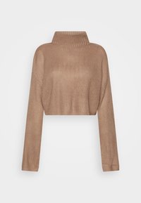 Gekürzter, hellbrauner Strickpullover mit hohem Kragen, langen Ärmeln und strukturiertem Rippmuster. Weiches Material und lockere Passform.