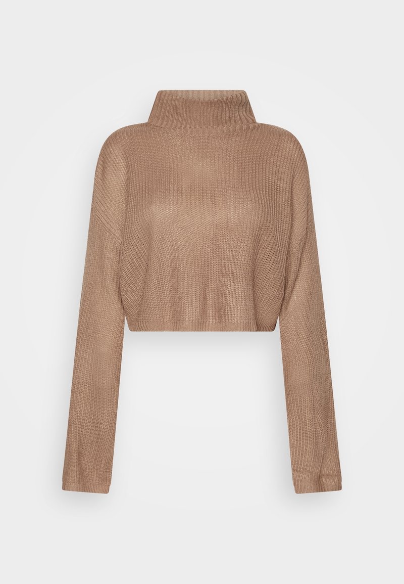 Gekürzter, hellbrauner Strickpullover mit hohem Kragen, langen Ärmeln und strukturiertem Rippmuster. Weiches Material und lockere Passform.