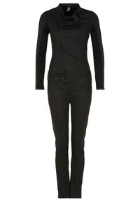 Combinaison noire ajustée à manches longues avec une fermeture éclair frontale asymétrique et un col montant, dotée de poches avant et de jambes ajustées.
