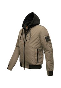 Giacca puffer beige con cappuccio nero, chiusura frontale con zip e bottoni, due tasche laterali, dettagli texturizzati sulle maniche e patch con logo sul braccio.