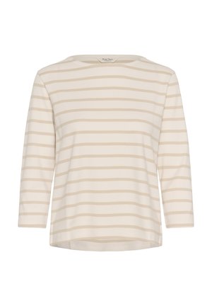 Cream long-sleeve shirt with beige horizontal stripes and a round neckline.