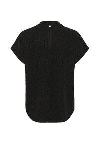 Top scurt negru cu maneci scurte, realizat dintr-un material texturat, având închidere la spate tip keyhole și o croială lejeră. Vârf rotunjit și detalii discrețe de strălucire.