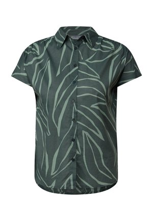 Kurzarmhemd aus dunkelgrünem Stoff mit hellgrünen Blättermustern, Knopfleiste und klassischem Kragen.