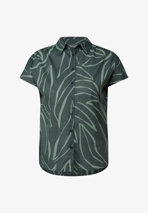 Kurzarmhemd aus dunkelgrünem Stoff mit hellgrünen Blättermustern, Knopfleiste und klassischem Kragen.