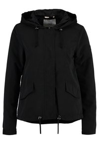 Svart vindjacka med huva, med dragsko-stängningar, två framfickor och en stilren, matt yta.