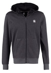 Sweat à capuche zippé gris foncé avec poches devant, poignets et ourlet côtelés, et petit logo blanc « G RAW » sur la poitrine gauche.
