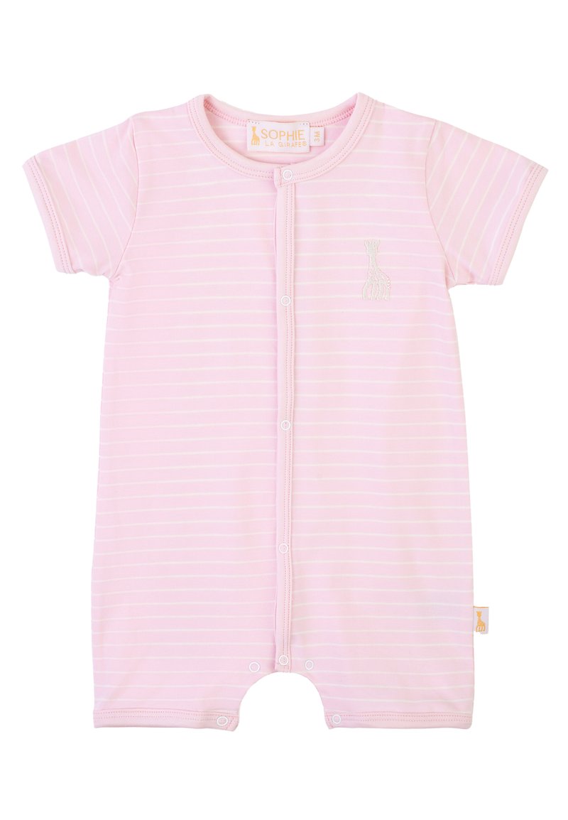 Romper per neonati a righe rosa, realizzato in morbido cotone, con maniche corte, bottoni a pressione e un accento ricamato di giraffa sul petto.