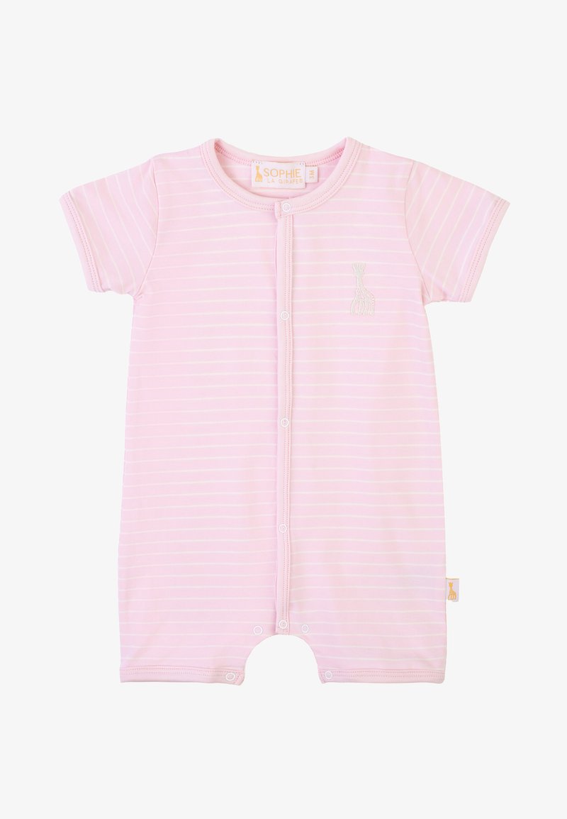 Romper per neonati a righe rosa, realizzato in morbido cotone, con maniche corte, bottoni a pressione e un accento ricamato di giraffa sul petto.