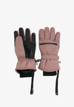 Rosa isolierte Handschuhe mit schwarzer texturierter Handfläche, elastischen Bündchen, verstellbaren Riemen und kleiner Reißverschlusstasche für zusätzlichen Komfort.