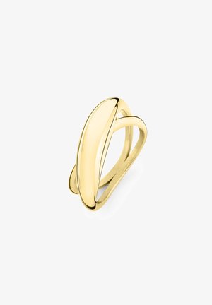 Gouden ring met een glad, ovaal centraal ontwerp en een verstrengelde band, met een gepolijste afwerking en een strakke, moderne esthetiek.