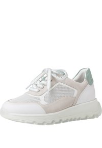 Białe i beżowe sneakersy z siateczkowymi panelami, okrągłym czubkiem i jasnozielonymi akcentami na pięcie. Posiadają płaskie sznurowadła oraz teksturowaną gumową podeszwę.
