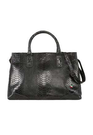 Black handbag with textured snakeskin pattern, two handles, detachable shoulder strap, and small charm featuring Italian flag colors.