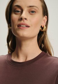 Brązowy sweter z okrągłym dekoltem wykonany z bawełny, o gładkiej fakturze i rękawach raglanowych. Na uszach założone są złote kolczyki w kształcie obręczy, które dodają detali.