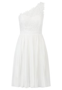 Bílá šaty na jedno rameno s krajkovým korzetem a plisovanou sukní. Šaty mají přiléhavý pas a splývavou siluetu.