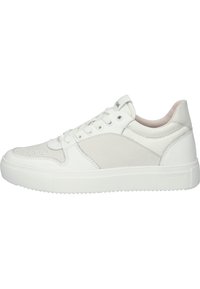 Weiße Ledersneaker mit einem glatten und strukturierten Design, runder Zehenpartie, kontrastierenden grauen Akzenten und einer dicken weißen Gummisohle.