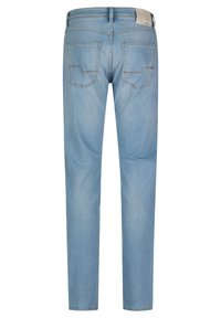 Light blue denim jeans with a straight fit, featuring two back pockets and a clean waistband with a label, showing minimal stitching details.
