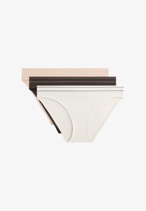 Three pairs of seamless underwear in light pink, cream, and dark brown, featuring a smooth finish and contrasting waistband stripes.