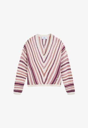 Maglione a collo a V lavorato a maglia con maniche lunghe, caratterizzato da strisce diagonali in tonalità crema, rosa, malva e marrone.