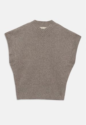 Taupe knitted sleeveless sweater vest with V-neck and ribbed collar, armholes, and hem on a white background.