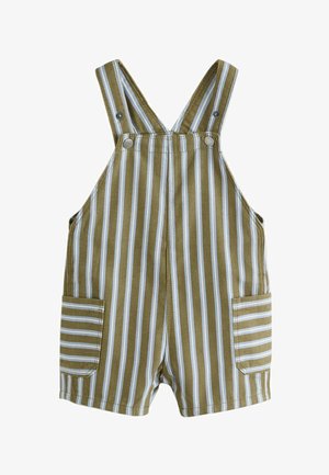 Vaikiškos trumpomis kelnėmis petnešėlės su dryžiais alyvuogių žalumos ir baltos spalvų, su reguliuojamomis pečių juostelėmis ir priekinių kišenių, ant balto fono.