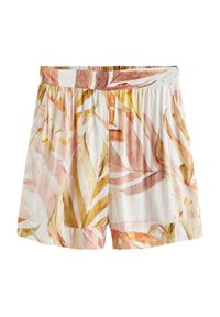 Shorts à motif floral avec une base blanche ornée de feuilles roses, orange et jaunes. Tissu léger avec une taille élastique.