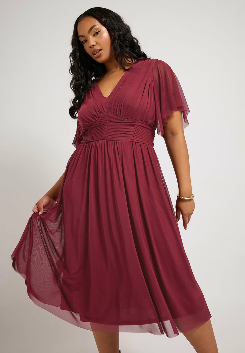 Yours Clothing PLEATED V-NECK MIDI - Vestito casual - burgundy