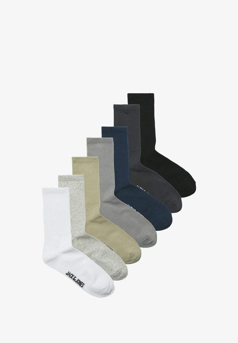 Pak van 7 paar sokken in verschillende kleuren: wit, lichtgrijs, olijfgroen, donkergrijs, marineblauw en zwart. Gemaakt van geribbelde stof met een gebreid ontwerp.