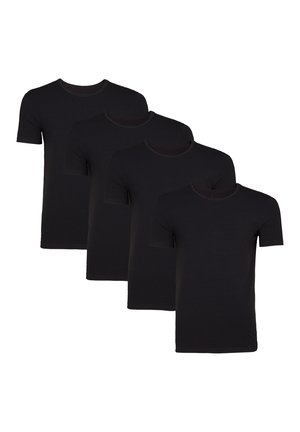 Ensemble de quatre t-shirts à manches courtes en noir uni, fabriqués en matière douce, avec des cols ronds et un design simple sans motifs.