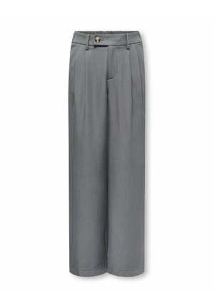 Pantalon gris taille haute à jambes larges avec passants de ceinture, plis devant, poches latérales et fermeture par bouton sur fond blanc.