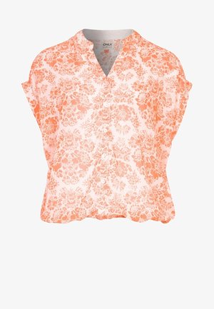 Kortærmet bluse med knapper og orange blomstermønster på hvidt stof, med V-hals og afslappet pasform.